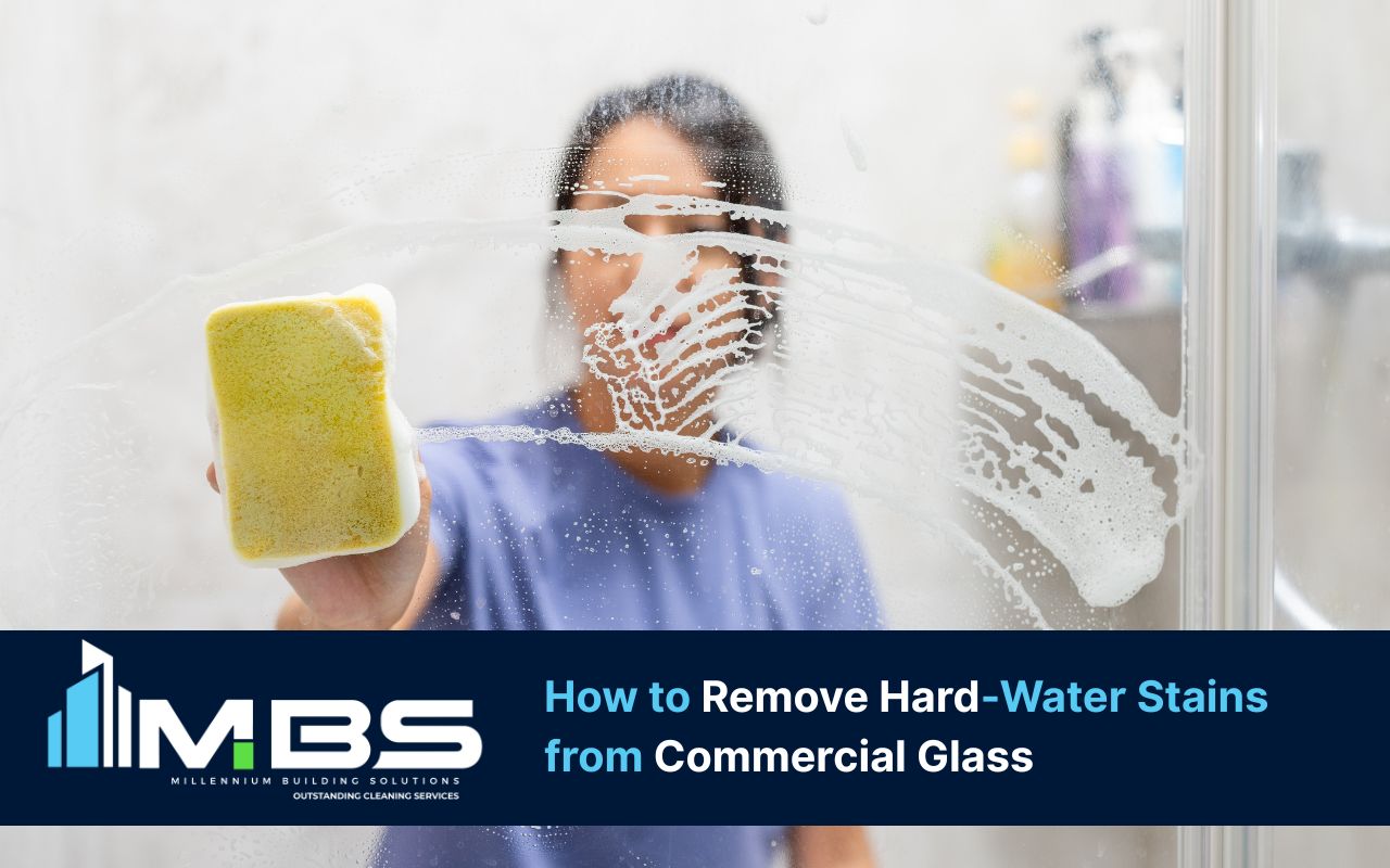 Glass Hard Water Stain Removal before-and-after on storefront glass