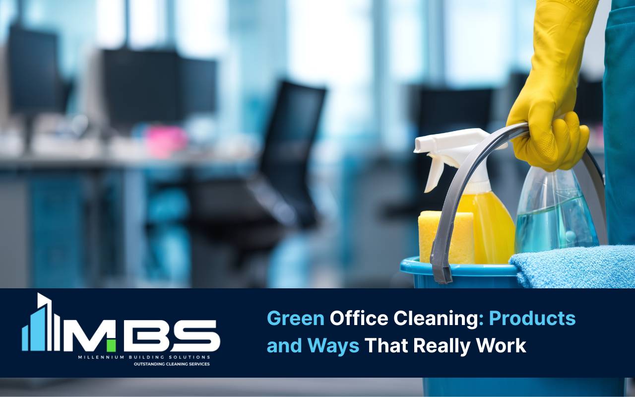 Microfiber cloths and green office cleaning products used to safely clean shared desks