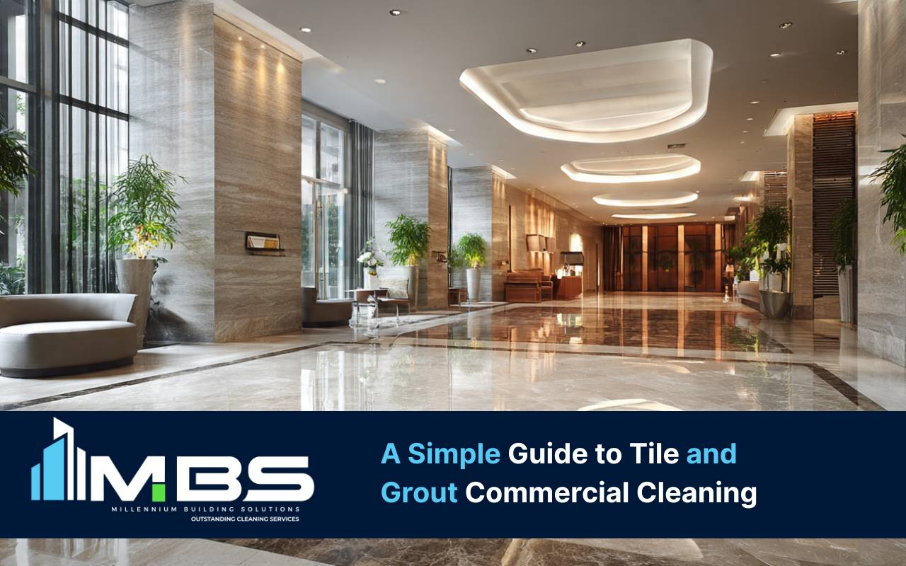 Shiny lobby floor after professional tile and grout commercial cleaning