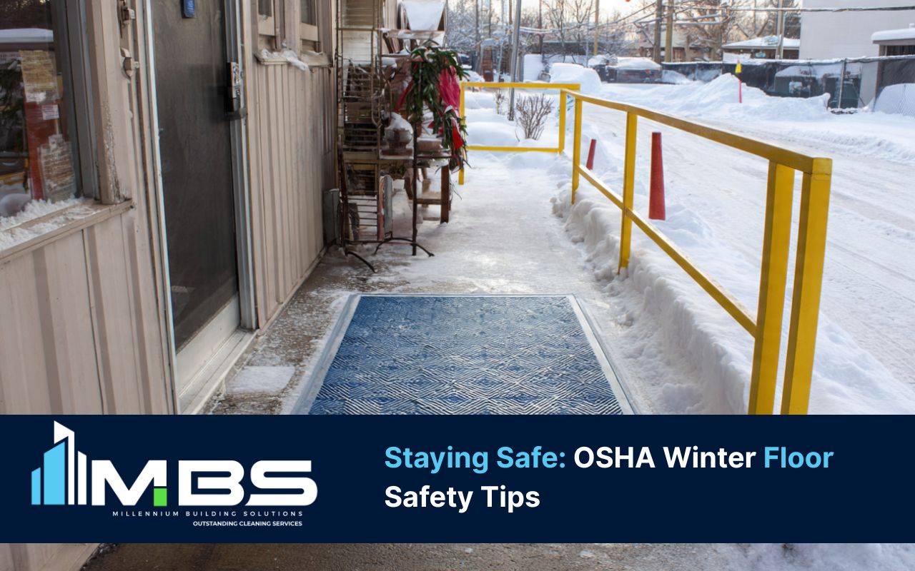 OSHA winter floor safety setup with entry mats and dry walkway at a winter entryway.