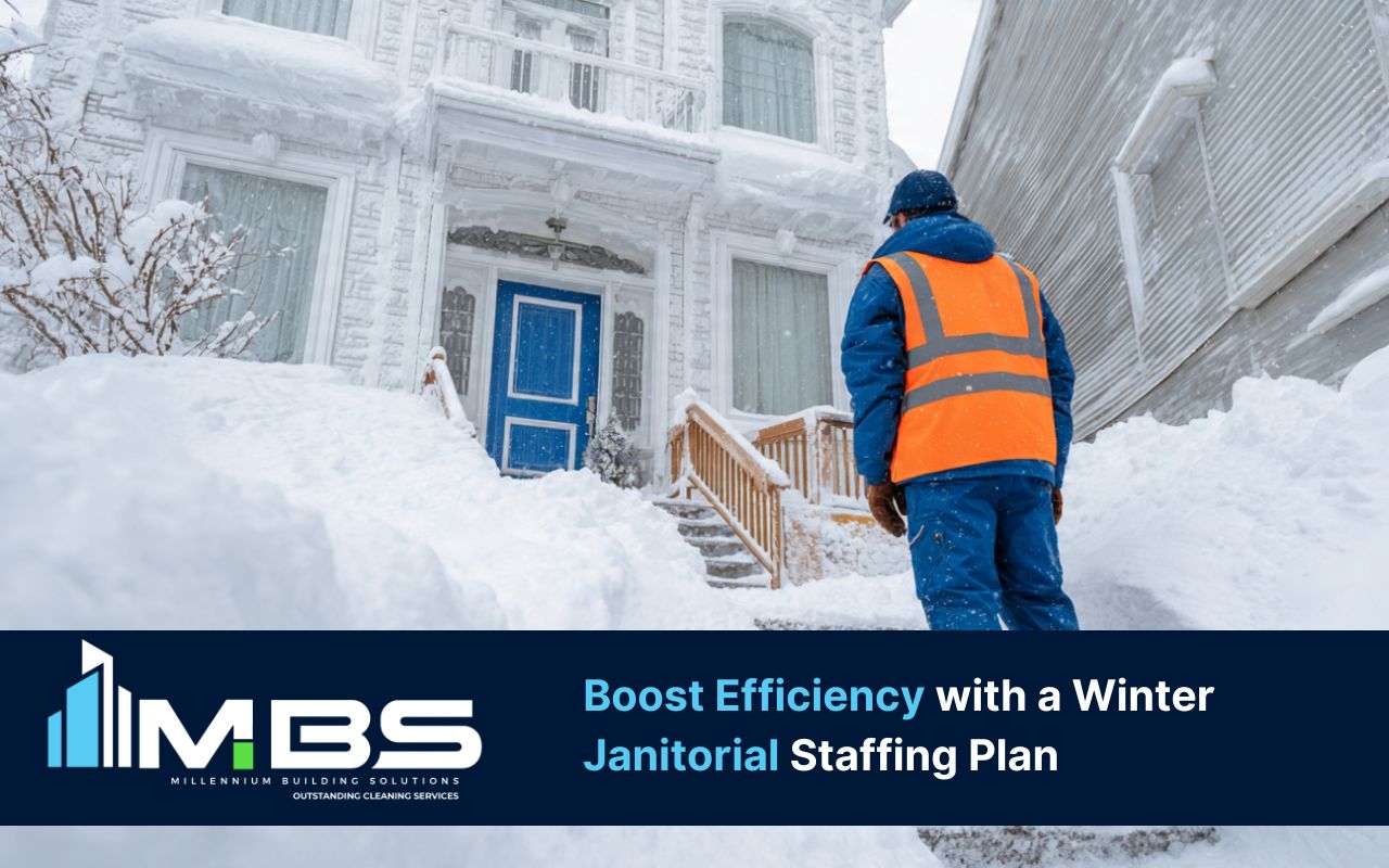 Entryway inspections as part of a Winter janitorial staffing plan during snowy weather